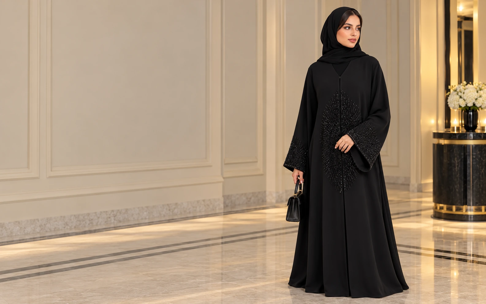 A black abaya with radiating beadwork